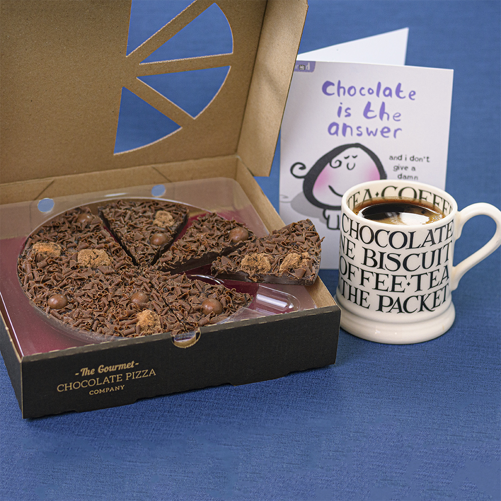 Delightfully Dark Chocolate Pizza as a gift with a card and a coffee